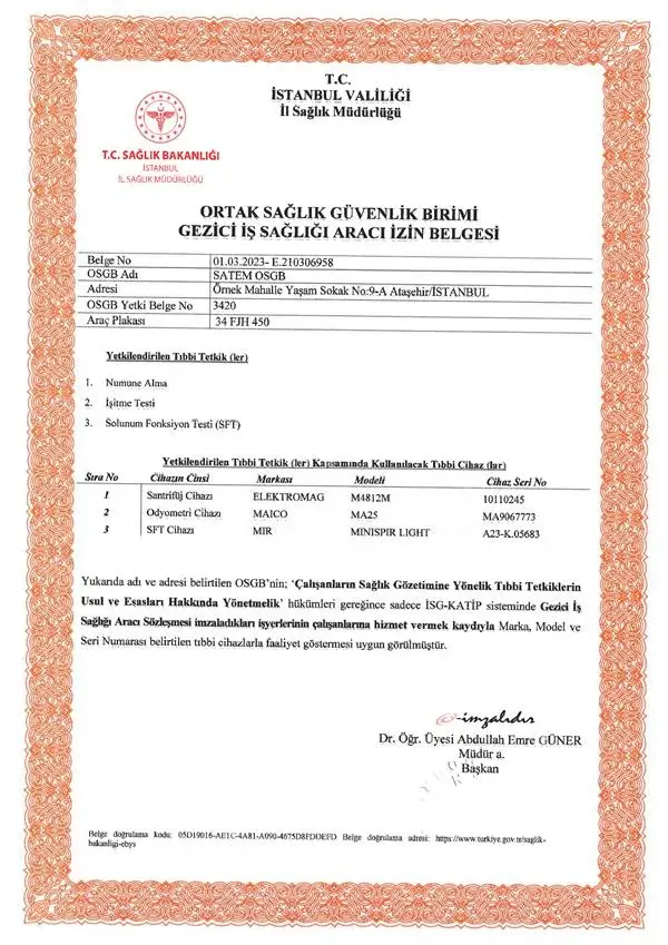 Gezici İş Sağlığı Araçları Yetki Belgelerimiz