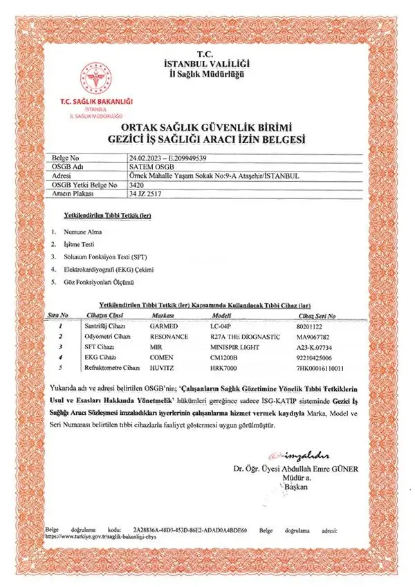 Gezici İş Sağlığı Araçları Yetki Belgelerimiz