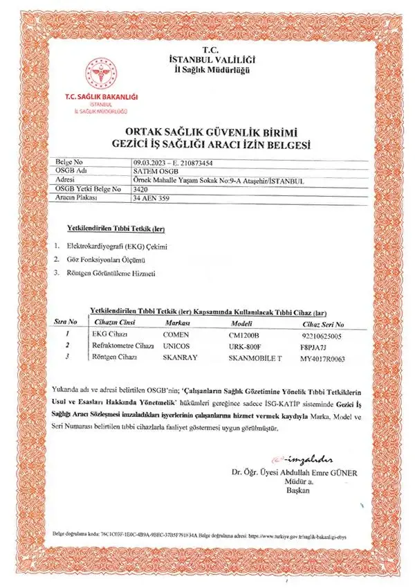 Gezici İş Sağlığı Araçları Yetki Belgelerimiz