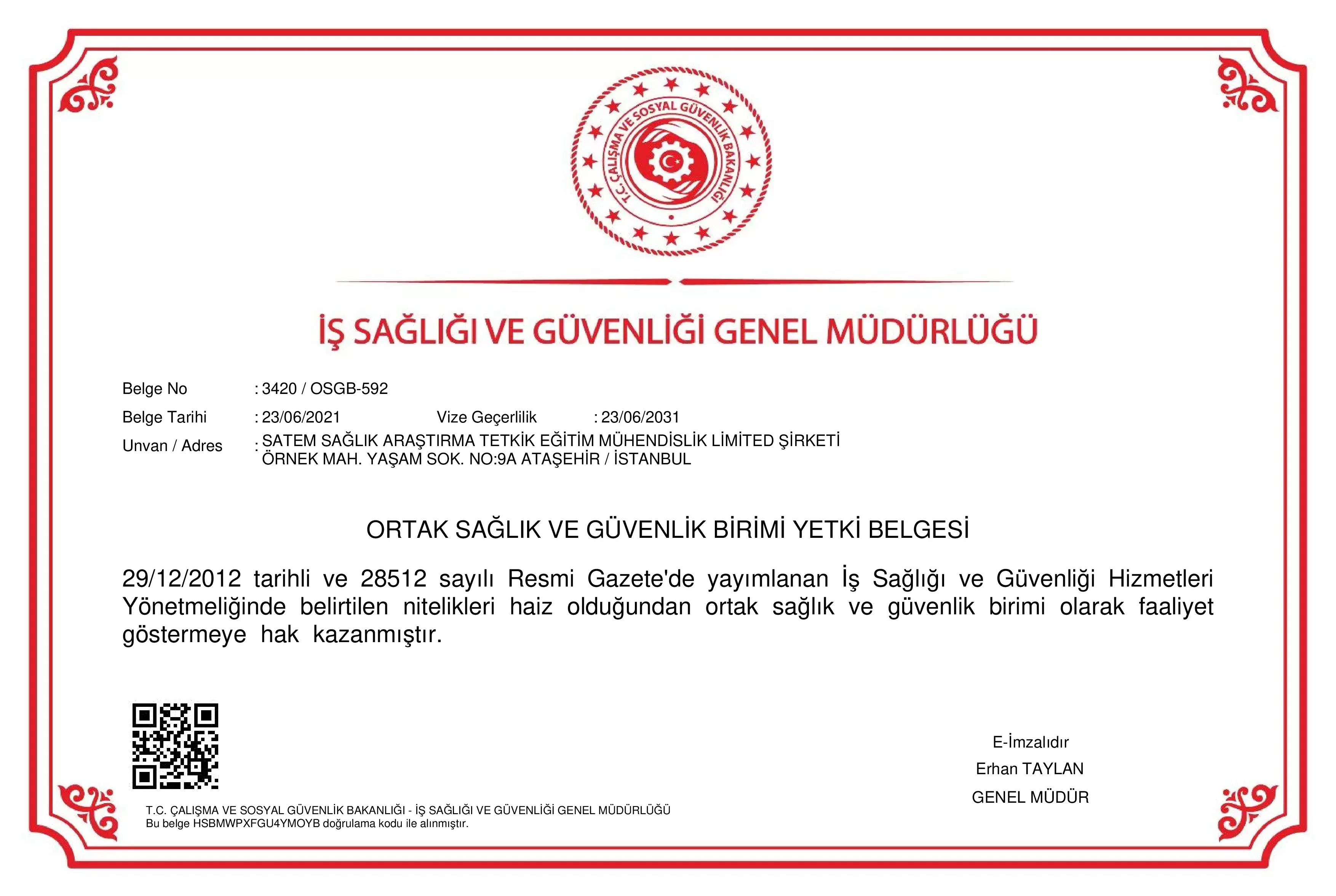 Ataşehir OSGB Yetki Belgemiz